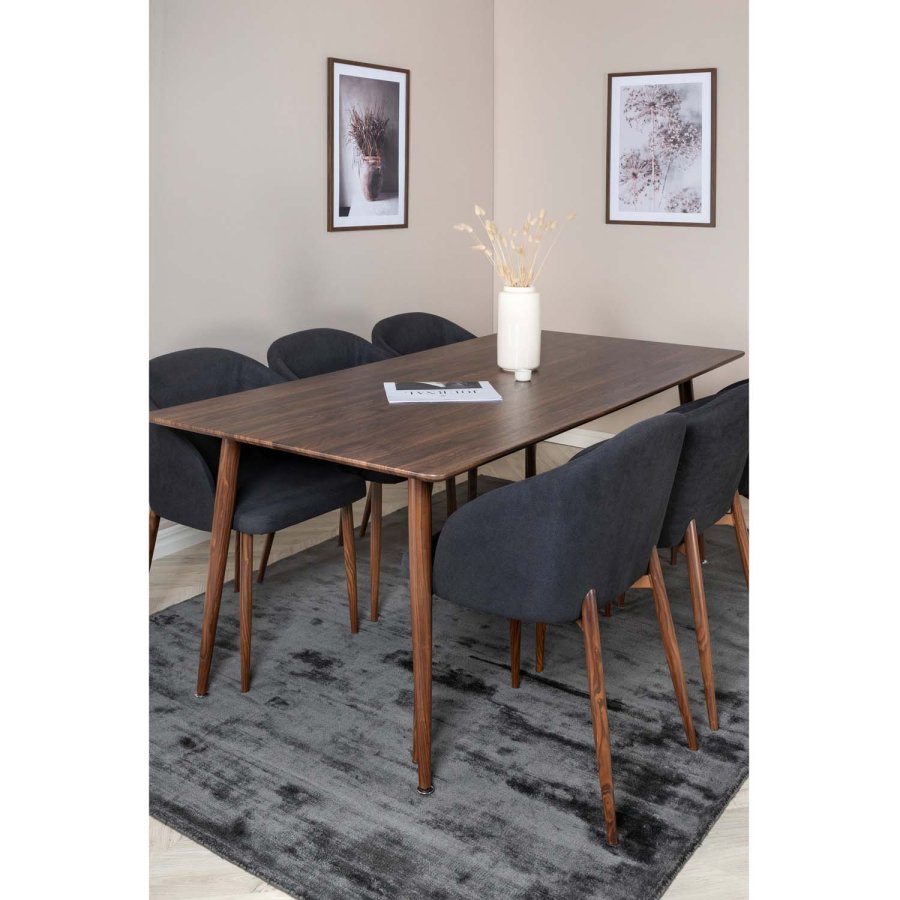 VENTURE DESIGN Polar spisebordsst, m. 6 stole -  brun valnddefolie MDF/metal, sort stof/foliemetal