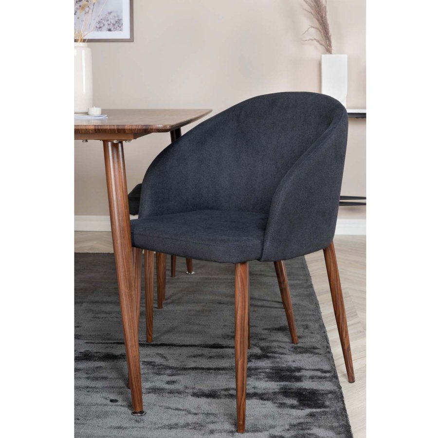 VENTURE DESIGN Polar spisebordsst, m. 6 stole -  brun valnddefolie MDF/metal, sort stof/foliemetal