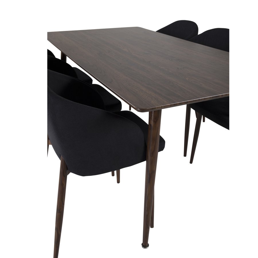 VENTURE DESIGN Polar spisebordsst, m. 6 stole -  brun valnddefolie MDF/metal, sort stof/foliemetal