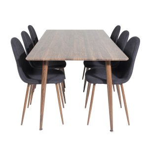 VENTURE DESIGN Polar Matbordsset, med 6 Stolar - Brun Valnötsfolie MDF / Metall, Svart Tyg / Folie Metall