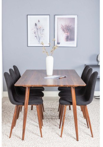 VENTURE DESIGN Polar spisebordsett, m. 6 stoler - brun valnttfolie MDF/metall, sort stoff/foliemetall