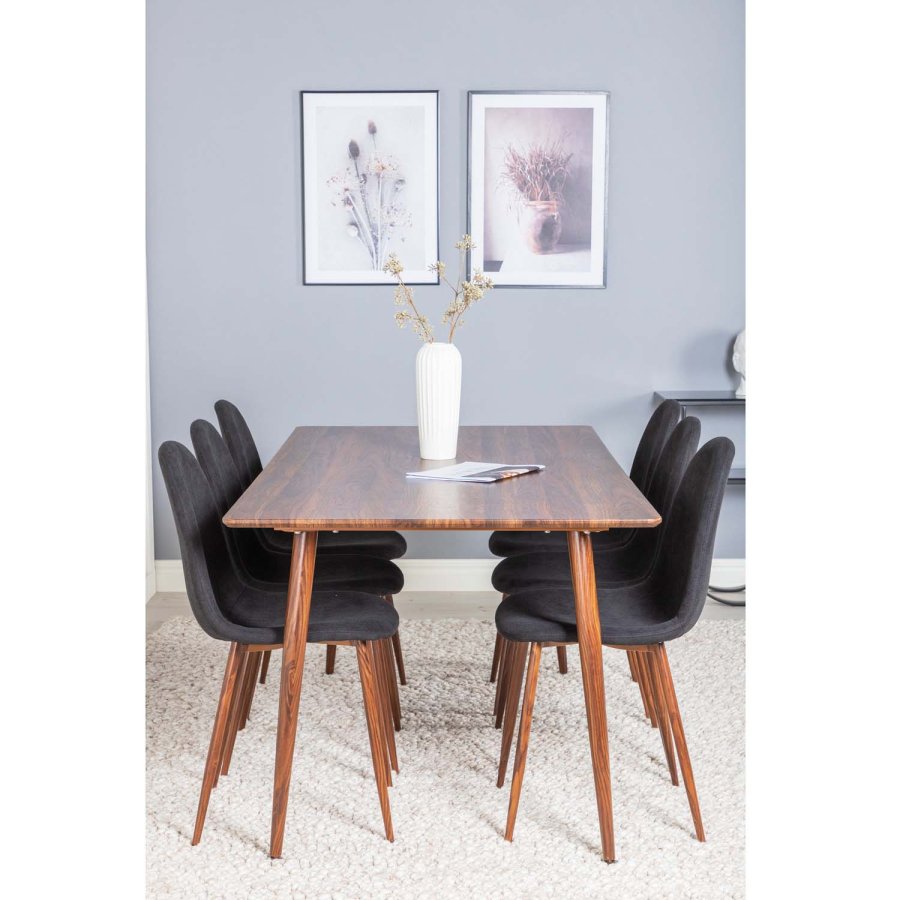 VENTURE DESIGN Polar spisebordsett, m. 6 stoler - brun valnttfolie MDF/metall, sort stoff/foliemetall