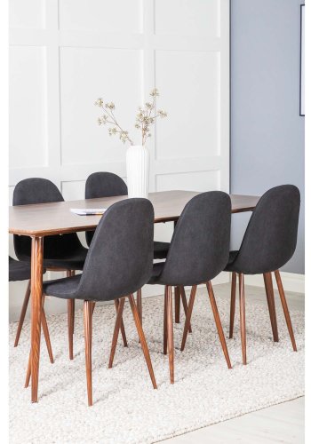 VENTURE DESIGN Polar spisebordsett, m. 6 stoler - brun valnttfolie MDF/metall, sort stoff/foliemetall
