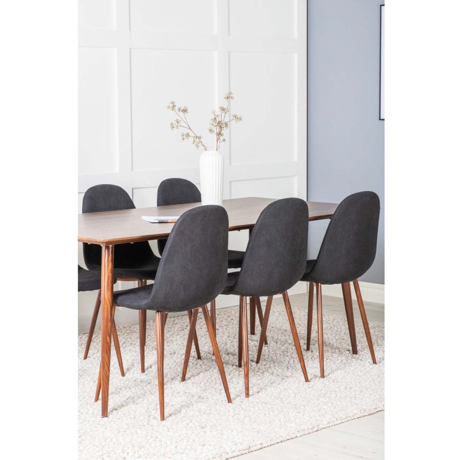 VENTURE DESIGN Polar spisebordsett, m. 6 stoler - brun valnttfolie MDF/metall, sort stoff/foliemetall