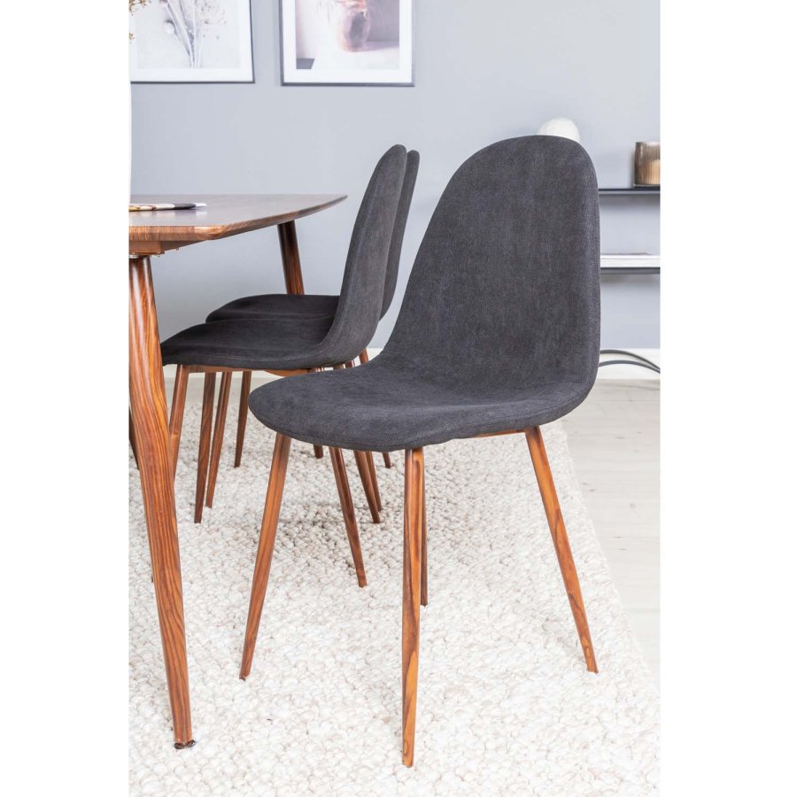 VENTURE DESIGN Polar spisebordsett, m. 6 stoler - brun valnttfolie MDF/metall, sort stoff/foliemetall