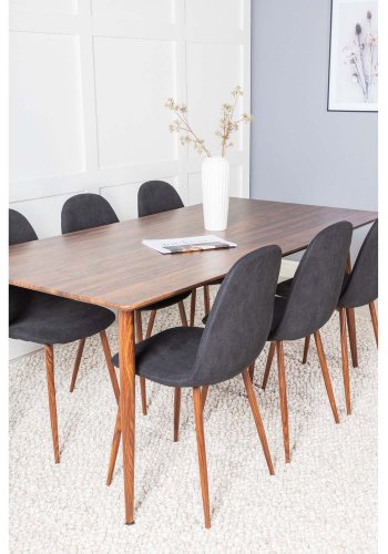 VENTURE DESIGN Polar spisebordsett, m. 6 stoler - brun valnttfolie MDF/metall, sort stoff/foliemetall