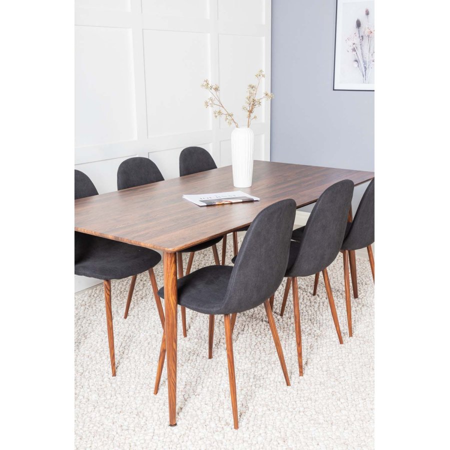 VENTURE DESIGN Polar spisebordsett, m. 6 stoler - brun valnttfolie MDF/metall, sort stoff/foliemetall