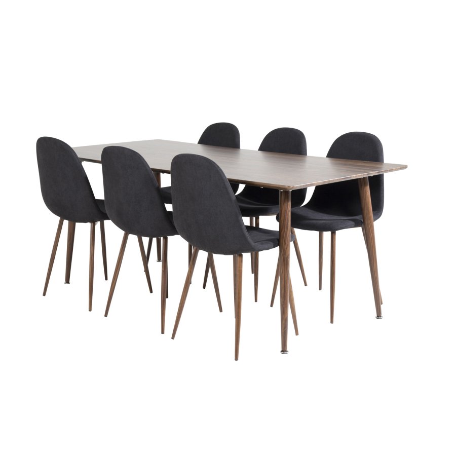 VENTURE DESIGN Polar spisebordsett, m. 6 stoler - brun valnttfolie MDF/metall, sort stoff/foliemetall