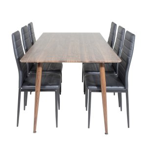 VENTURE DESIGN Polar Matbordsset, med 6 Stolar - Brun Valnötsfolie MDF / Metall och Svart PU / Svart Metall