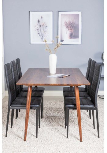VENTURE DESIGN Polar spisebordsett, m. 6 stoler - brun valnttfolie MDF/metall og sort PU/svart metall