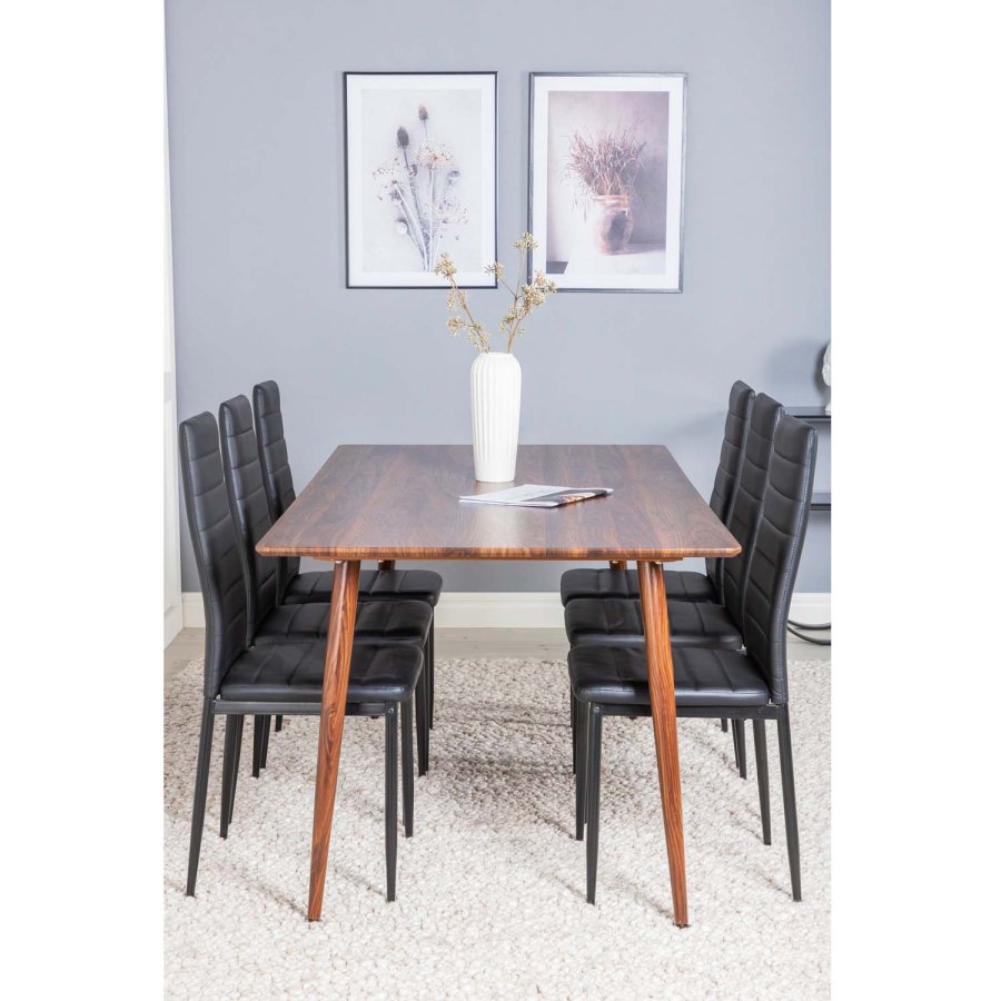 VENTURE DESIGN Polar spisebordsett, m. 6 stoler - brun valnttfolie MDF/metall og sort PU/svart metall