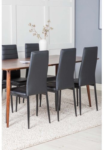 VENTURE DESIGN Polar spisebordsett, m. 6 stoler - brun valnttfolie MDF/metall og sort PU/svart metall