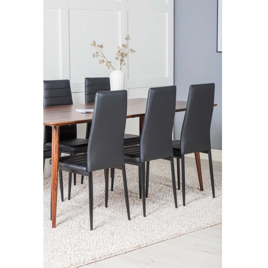 VENTURE DESIGN Polar spisebordsett, m. 6 stoler - brun valnttfolie MDF/metall og sort PU/svart metall