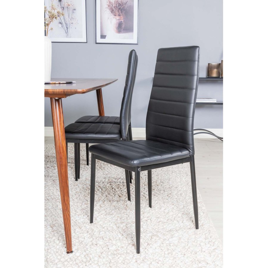 VENTURE DESIGN Polar spisebordsett, m. 6 stoler - brun valnttfolie MDF/metall og sort PU/svart metall