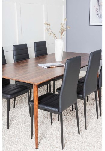 VENTURE DESIGN Polar spisebordsett, m. 6 stoler - brun valnttfolie MDF/metall og sort PU/svart metall