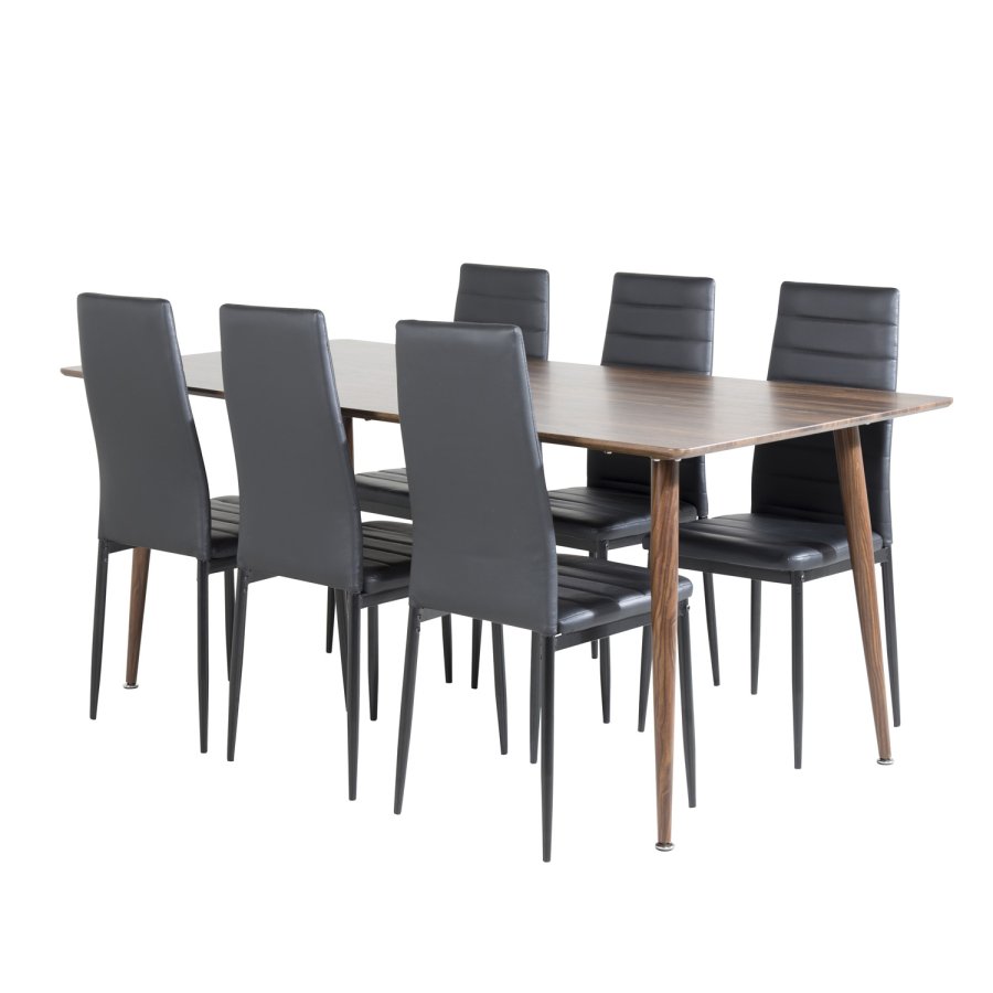 VENTURE DESIGN Polar spisebordsett, m. 6 stoler - brun valnttfolie MDF/metall og sort PU/svart metall