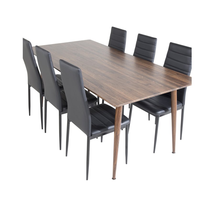 VENTURE DESIGN Polar spisebordsett, m. 6 stoler - brun valnttfolie MDF/metall og sort PU/svart metall