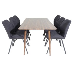 VENTURE DESIGN Polar Matbordsset, med 6 Stolar - Brun Valnötsfolie MDF / Metall, Svart Tyg / Svart Metall
