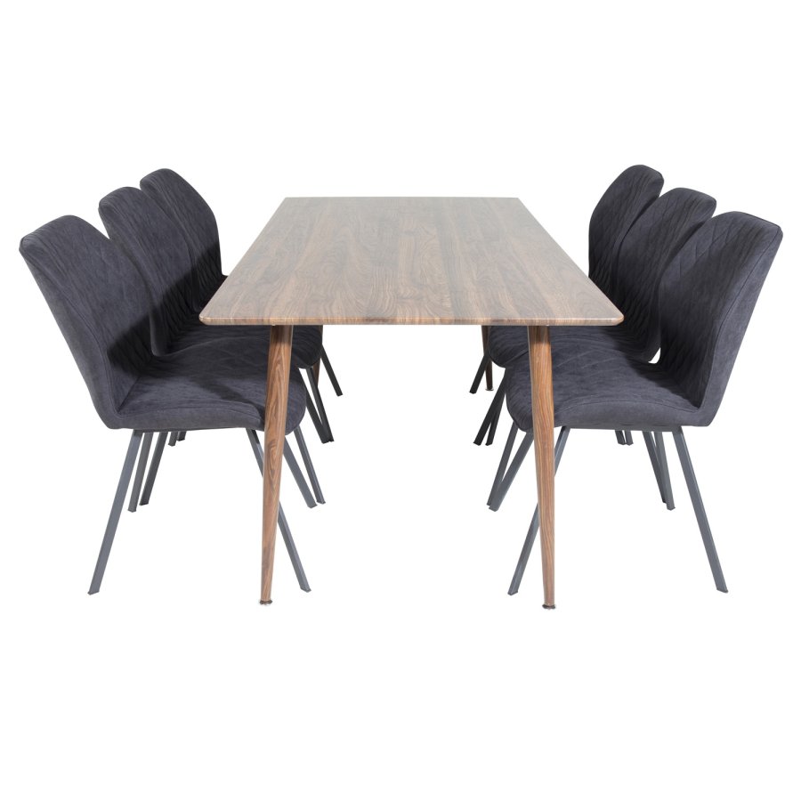 VENTURE DESIGN Polar spisebordsett, m. 6 stoler - brun valnttfolie MDF/metall, sort stoff/svart metall