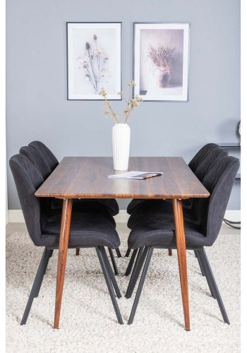 VENTURE DESIGN Polar spisebordsett, m. 6 stoler - brun valnttfolie MDF/metall, sort stoff/svart metall