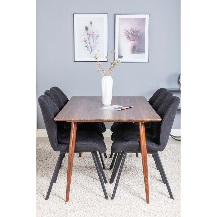 VENTURE DESIGN Polar spisebordsett, m. 6 stoler - brun valnttfolie MDF/metall, sort stoff/svart metall