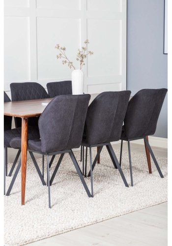 VENTURE DESIGN Polar spisebordsett, m. 6 stoler - brun valnttfolie MDF/metall, sort stoff/svart metall