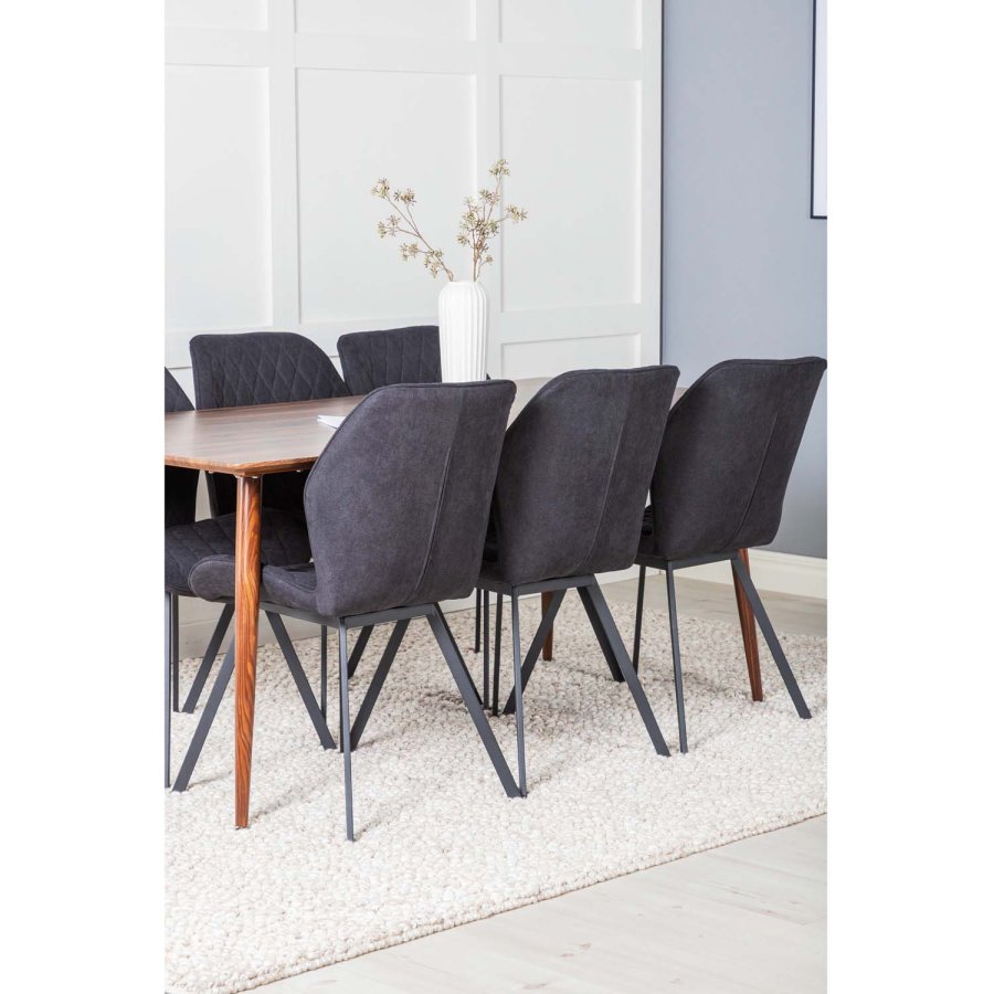 VENTURE DESIGN Polar spisebordsett, m. 6 stoler - brun valnttfolie MDF/metall, sort stoff/svart metall