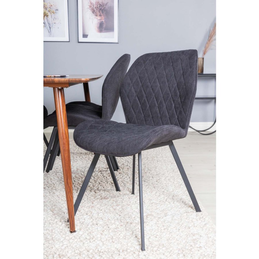 VENTURE DESIGN Polar spisebordsett, m. 6 stoler - brun valnttfolie MDF/metall, sort stoff/svart metall