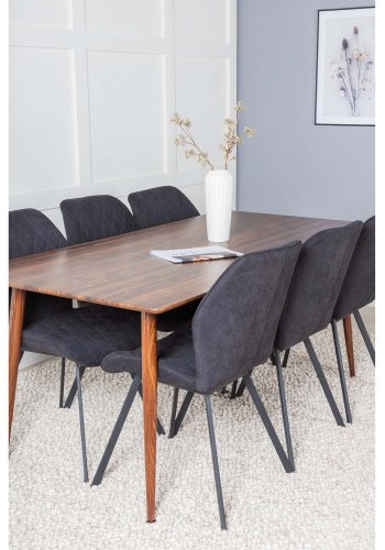 VENTURE DESIGN Polar spisebordsett, m. 6 stoler - brun valnttfolie MDF/metall, sort stoff/svart metall