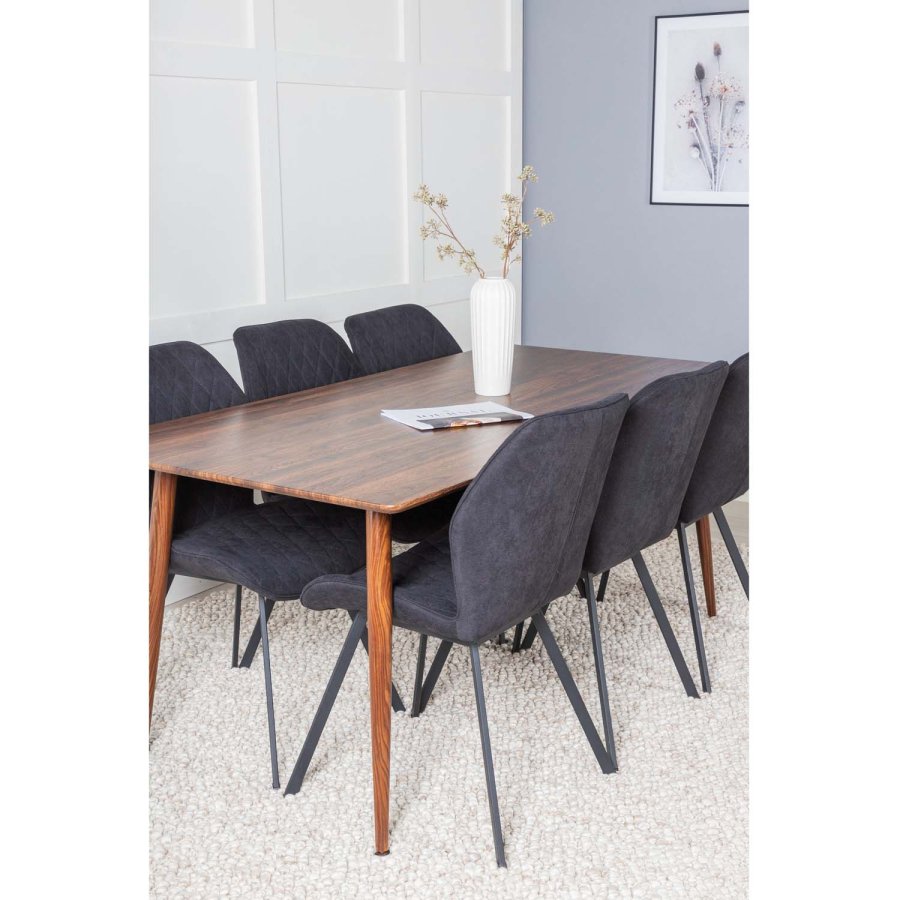 VENTURE DESIGN Polar spisebordsett, m. 6 stoler - brun valnttfolie MDF/metall, sort stoff/svart metall