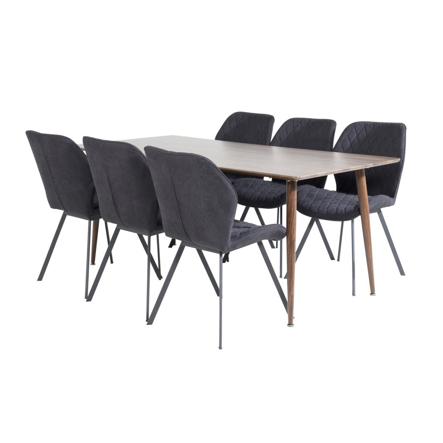 VENTURE DESIGN Polar spisebordsett, m. 6 stoler - brun valnttfolie MDF/metall, sort stoff/svart metall