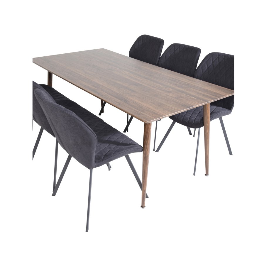 VENTURE DESIGN Polar spisebordsett, m. 6 stoler - brun valnttfolie MDF/metall, sort stoff/svart metall