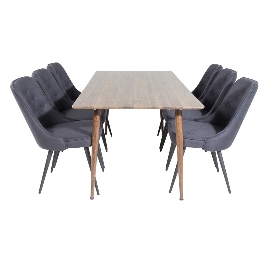 VENTURE DESIGN Polar spisebordsett, m. 6 stoler - brun valnttfolie MDF/metall, sort stoff/svart metall