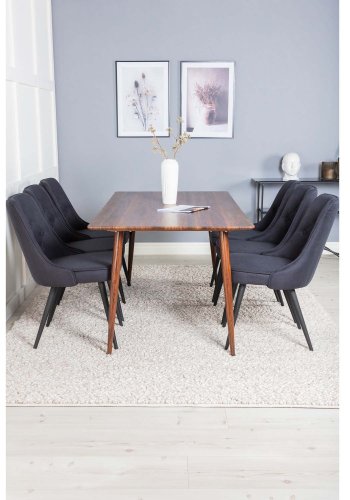 VENTURE DESIGN Polar spisebordsett, m. 6 stoler - brun valnttfolie MDF/metall, sort stoff/svart metall