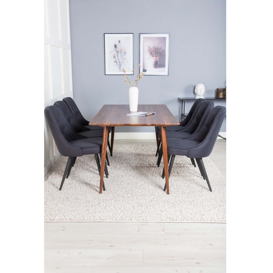 VENTURE DESIGN Polar spisebordsett, m. 6 stoler - brun valnttfolie MDF/metall, sort stoff/svart metall