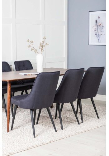 VENTURE DESIGN Polar spisebordsett, m. 6 stoler - brun valnttfolie MDF/metall, sort stoff/svart metall