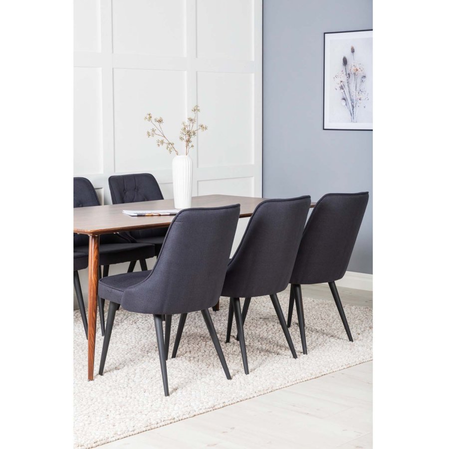 VENTURE DESIGN Polar spisebordsett, m. 6 stoler - brun valnttfolie MDF/metall, sort stoff/svart metall