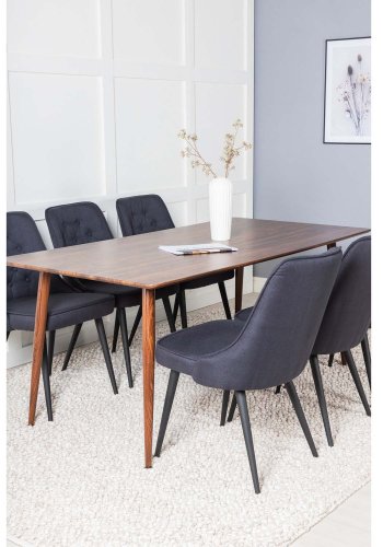 VENTURE DESIGN Polar spisebordsett, m. 6 stoler - brun valnttfolie MDF/metall, sort stoff/svart metall
