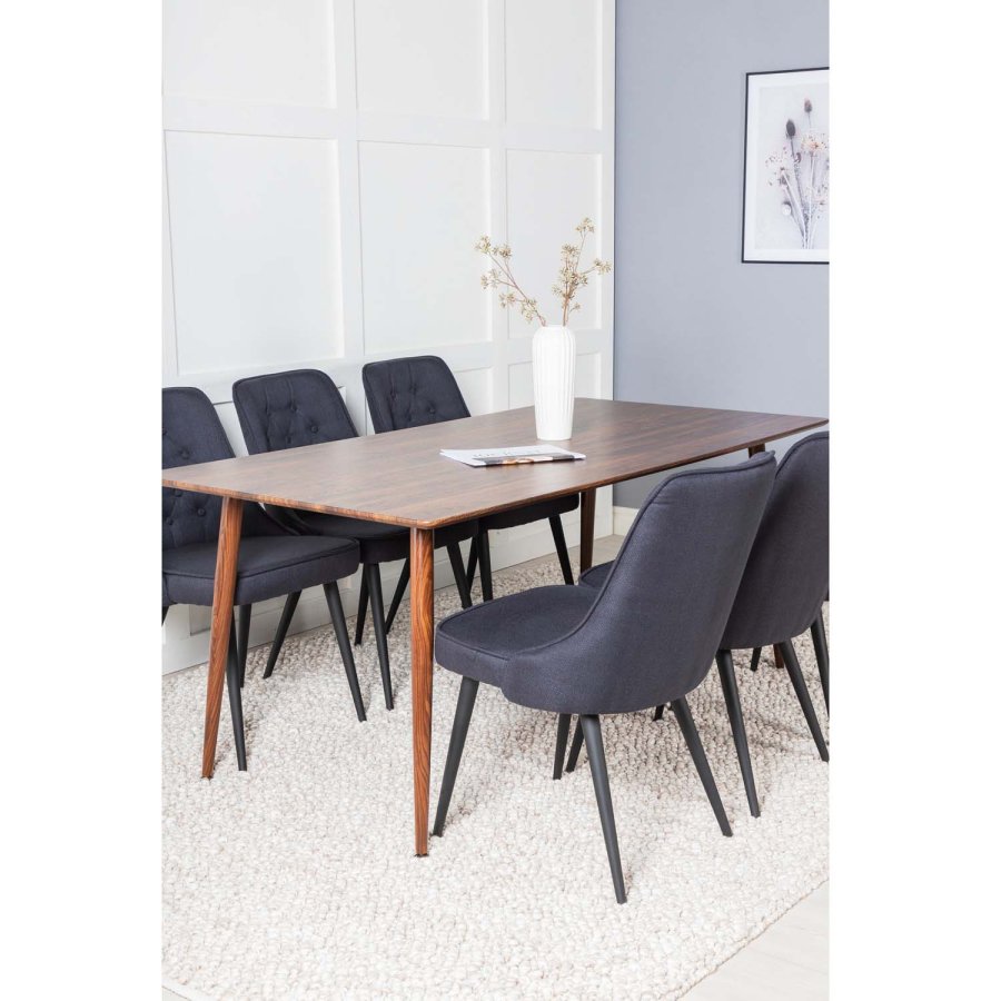 VENTURE DESIGN Polar spisebordsett, m. 6 stoler - brun valnttfolie MDF/metall, sort stoff/svart metall