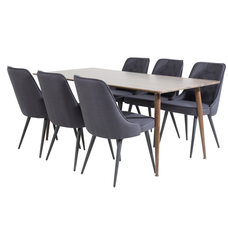 VENTURE DESIGN Polar spisebordsett, m. 6 stoler - brun valnttfolie MDF/metall, sort stoff/svart metall