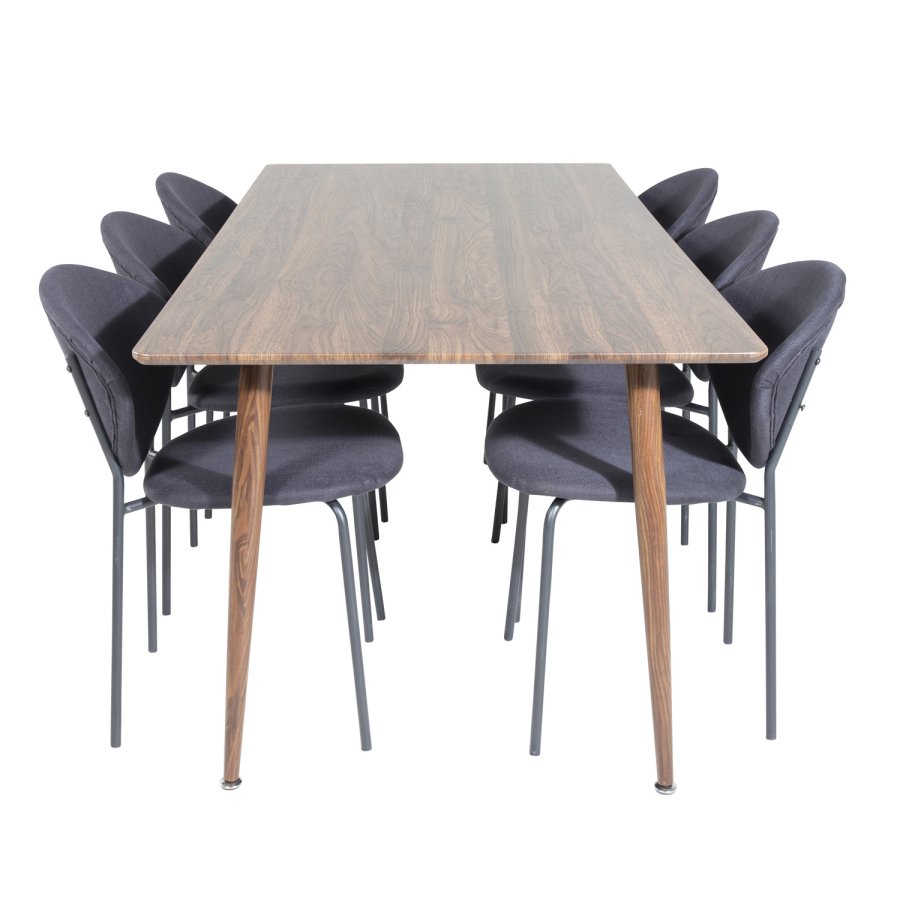 VENTURE DESIGN Polar spisebordsett, m. 6 stoler - brun valnttfolie MDF/metall, sort stoff/svart metall