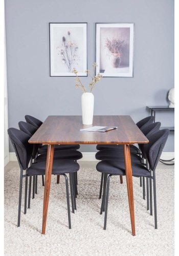 VENTURE DESIGN Polar spisebordsett, m. 6 stoler - brun valnttfolie MDF/metall, sort stoff/svart metall