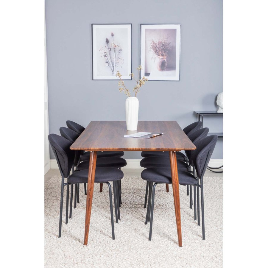 VENTURE DESIGN Polar spisebordsett, m. 6 stoler - brun valnttfolie MDF/metall, sort stoff/svart metall