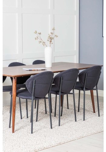 VENTURE DESIGN Polar spisebordsett, m. 6 stoler - brun valnttfolie MDF/metall, sort stoff/svart metall