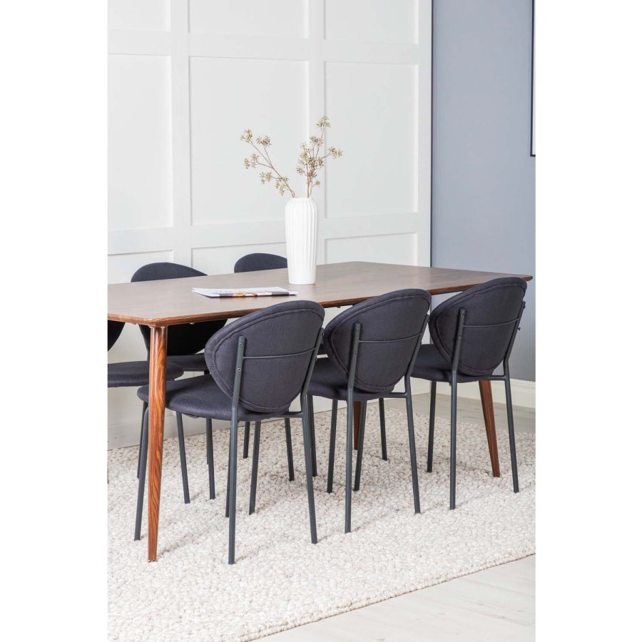 VENTURE DESIGN Polar spisebordsett, m. 6 stoler - brun valnttfolie MDF/metall, sort stoff/svart metall