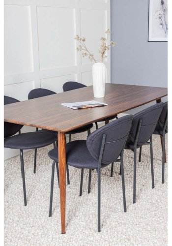 VENTURE DESIGN Polar spisebordsett, m. 6 stoler - brun valnttfolie MDF/metall, sort stoff/svart metall