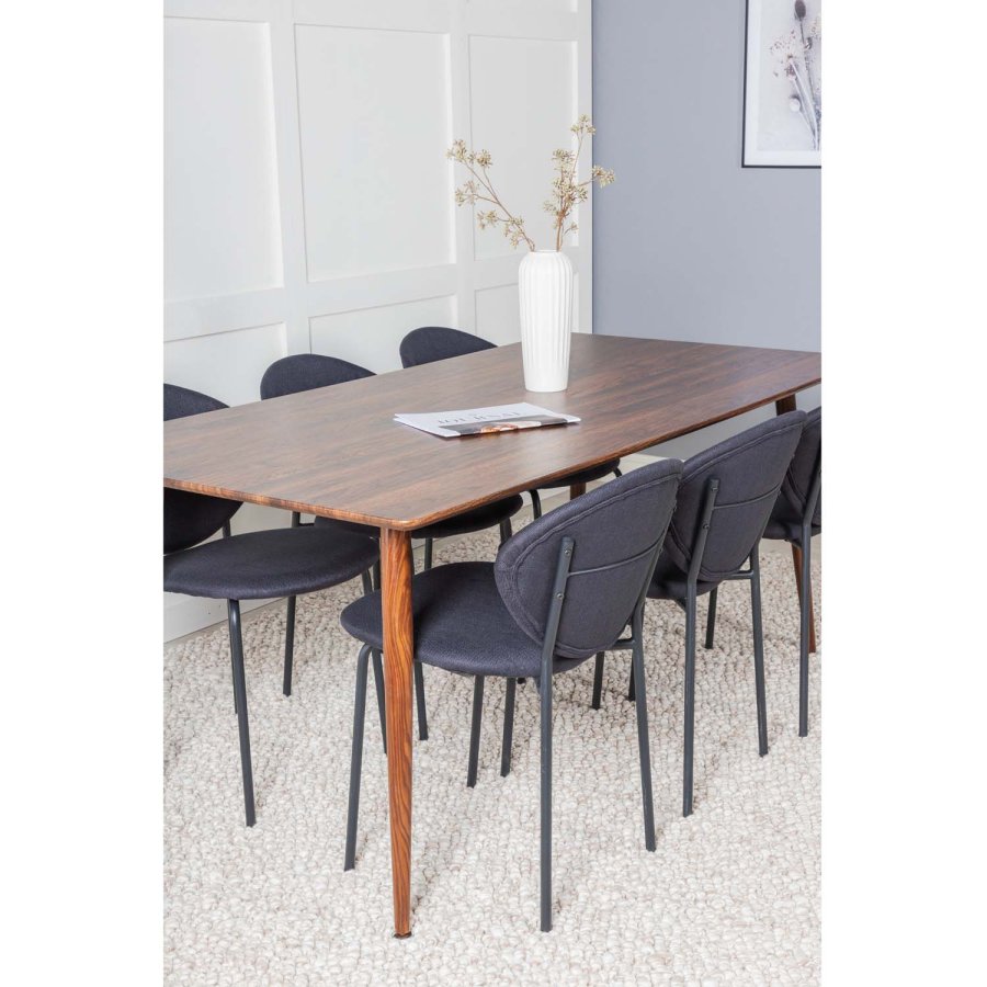 VENTURE DESIGN Polar spisebordsett, m. 6 stoler - brun valnttfolie MDF/metall, sort stoff/svart metall