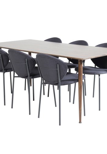 VENTURE DESIGN Polar spisebordsett, m. 6 stoler - brun valnttfolie MDF/metall, sort stoff/svart metall