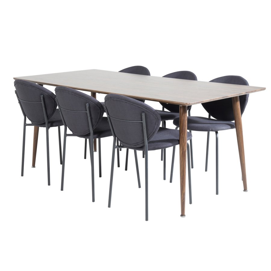 VENTURE DESIGN Polar spisebordsett, m. 6 stoler - brun valnttfolie MDF/metall, sort stoff/svart metall
