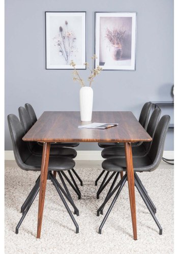 VENTURE DESIGN Polar spisebordsst, m. 6 stole -  brun valnddefolie MDF/metal, sort PU/sort metal